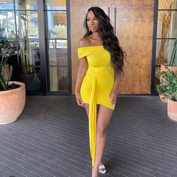 JLUXLABEL Dresses & Skirts - JLUXLABEL Off-Shoulder Yellow Ruched Mini Dress